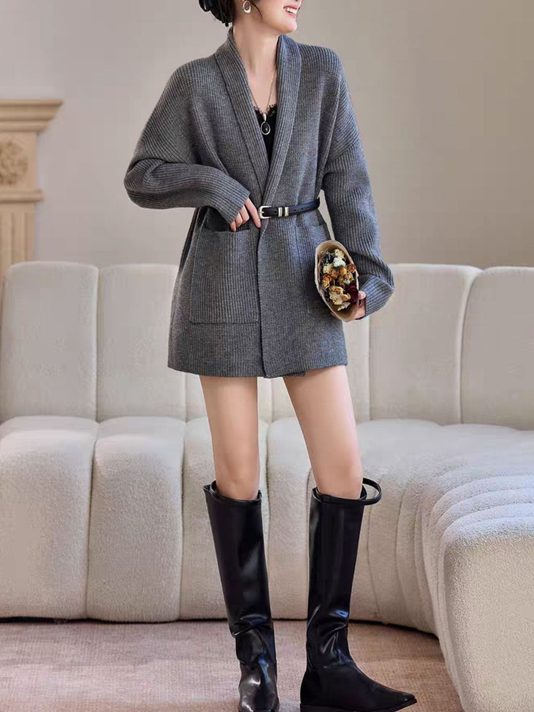 Emily Classic V-Neck Thick Knitted Coat - Image 13