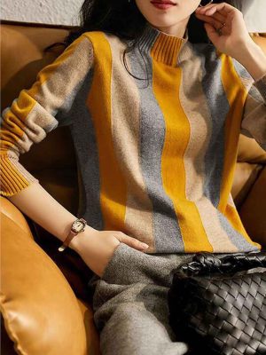 Jessica Casual Turtleneck Striped Knitted Top