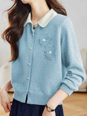 Kayla Crew Neck Flowers Beaded Knitted Cardigan