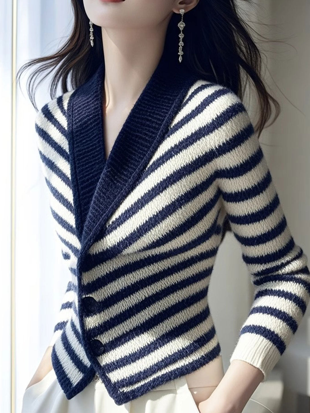 Sophia Slim V-Neck Striped Knitted Cardigan - Image 3