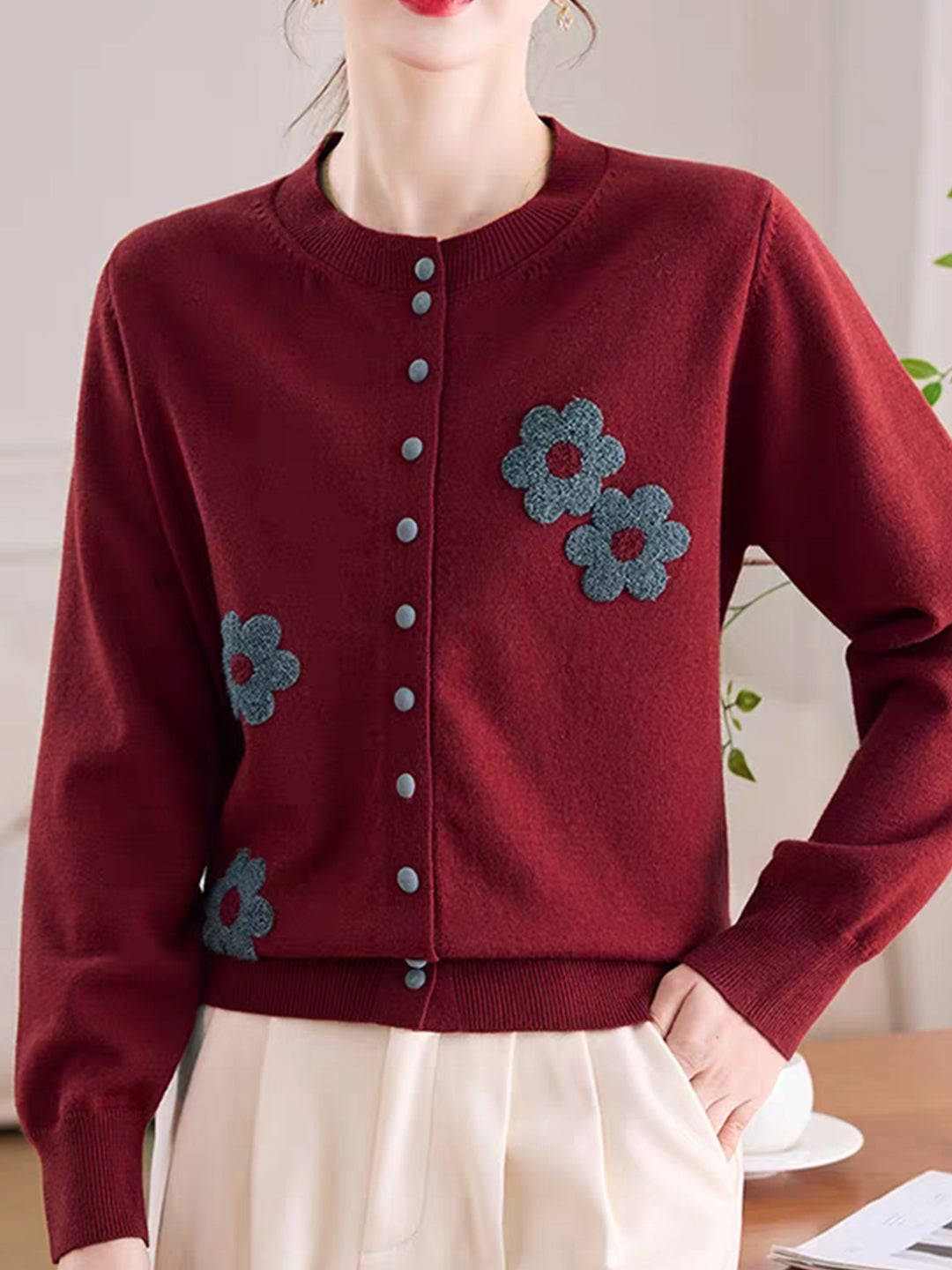 Destiny Daily Crew Neck Embroidered Knitted Cardigan - Image 3