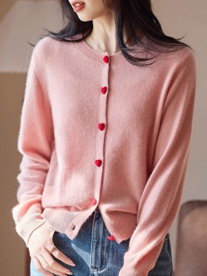 Raya Elegant Crew Neck Heart Button Knitted Cardigan-Pink