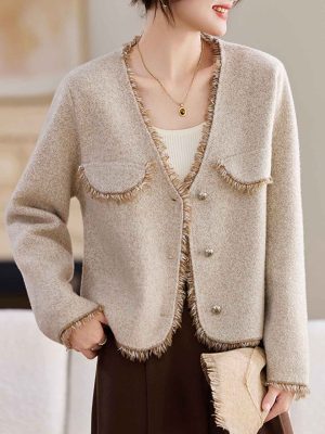 Emma Retro V-Neck Solid Color Tweed Coat