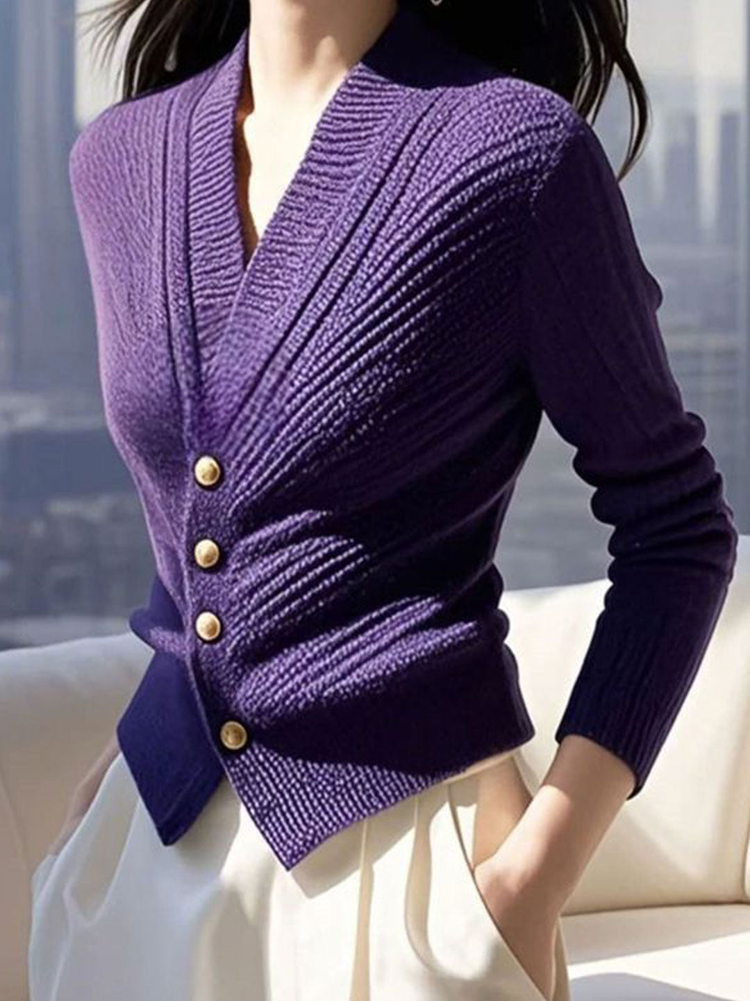 Sophia Slim V-Neck Striped Knitted Cardigan - Image 4
