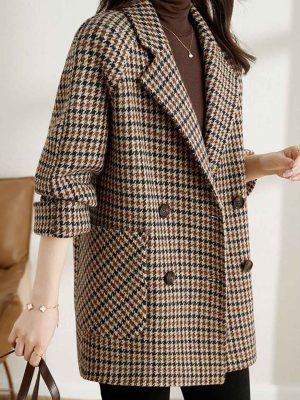 Emily Loose Suit Collar Houndstooth Trench Coat