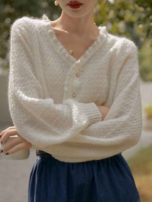 Grace Retro Auricular Collar Solid Color Knitted Cardigan