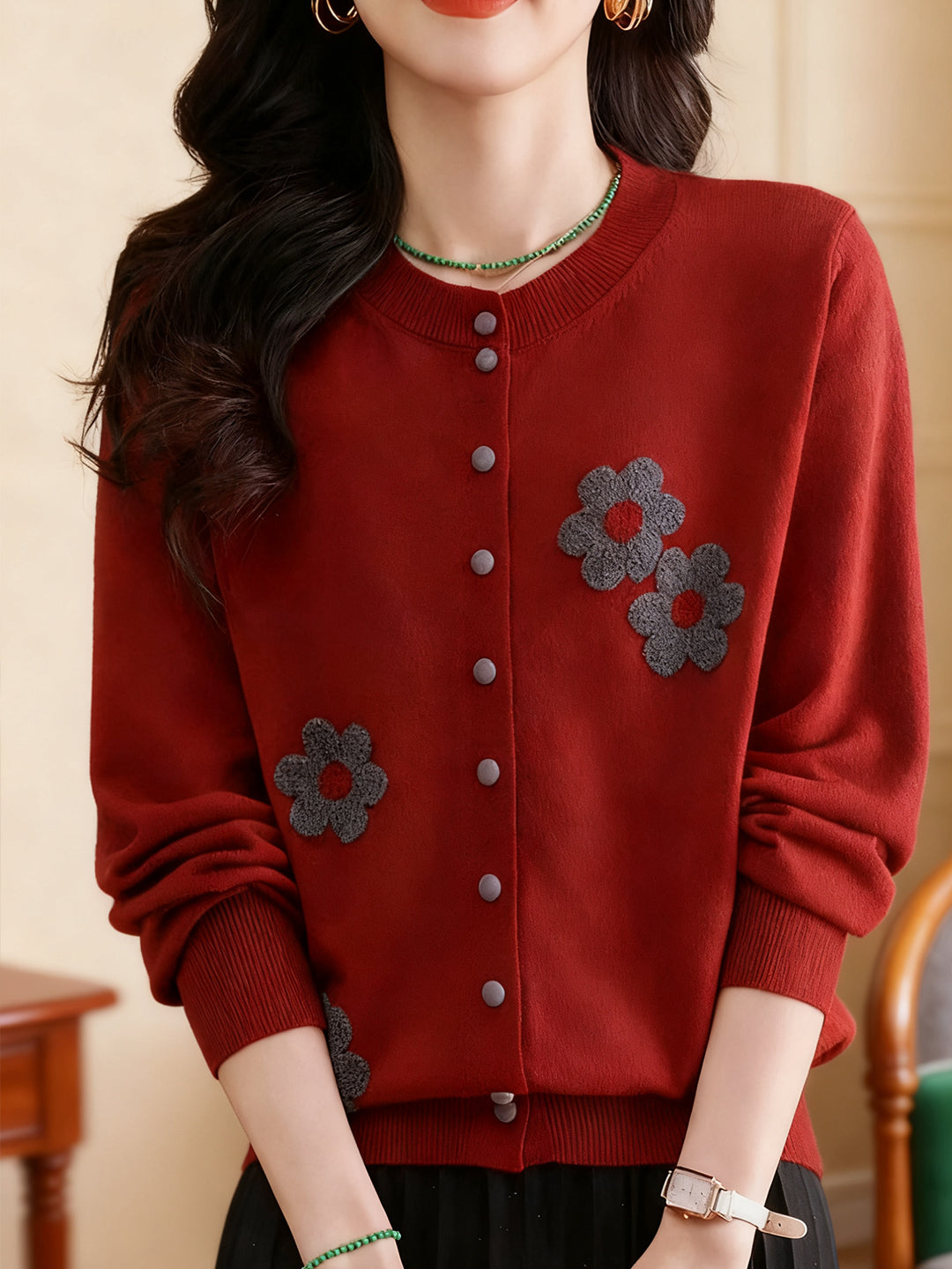 Destiny Daily Crew Neck Embroidered Knitted Cardigan - Image 2
